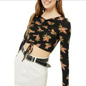 Long Sleeve Floral Drawstring Ruched Top